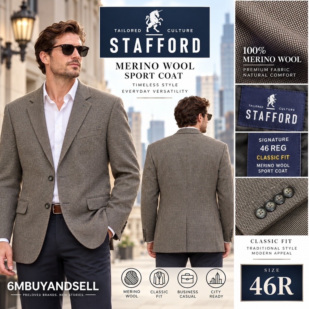 Stafford Signature Merino Wool Sport Coat Blazer Brown 46 Regular Classic Fit